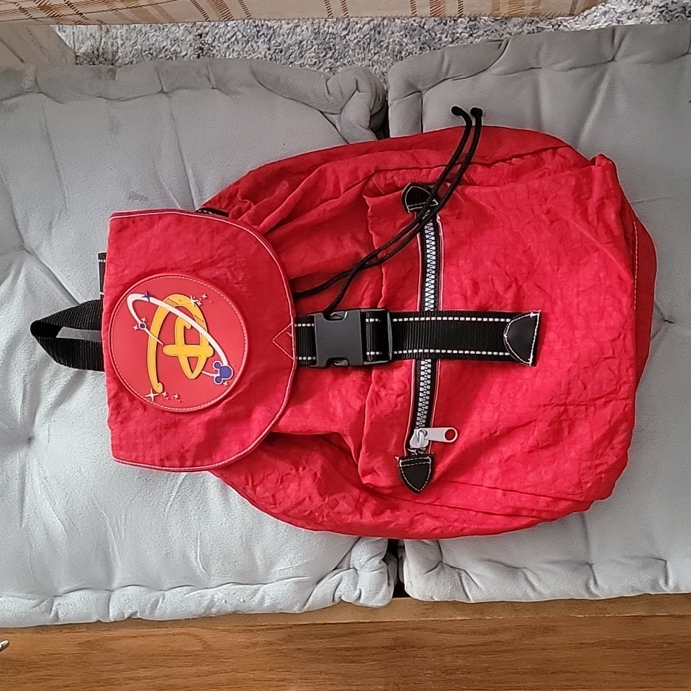 Vintage 90s Disney Drawstring Backpack Red Nylon Space Logo Mickey WDW Zip